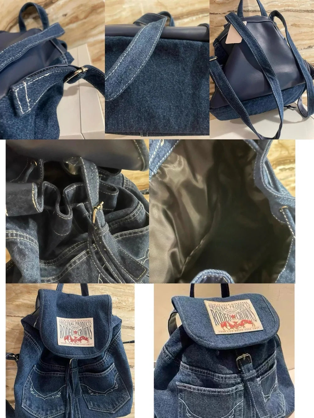Vintage Denim Drawstring Backpack | Contrast Stitch Utility Bag